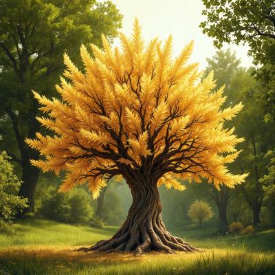 The primary subject of the image is a large, yellow tree with a gnarled trunk, situated in a grassy field. The tree is surrounded by a forest, creating a serene and natural setting. The visual style of the image is a digital art or illustration, with the vibrant yellow color and intricate details of the tree and its surroundings. The overall atmosphere of the image is one of tranquility and harmony with nature.